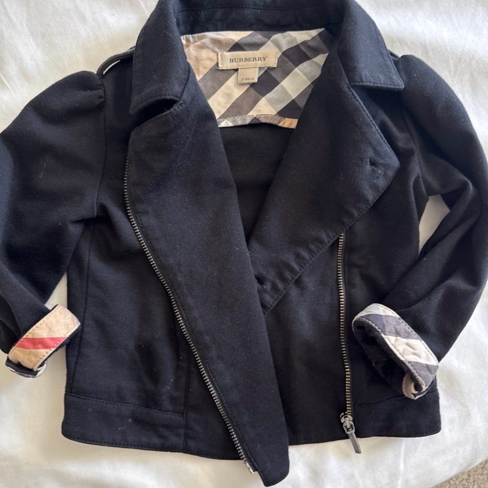 Burberry Black Girls' Moto Jacket with Signature Check Trim
